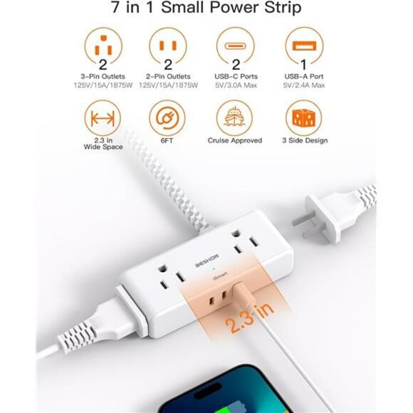 Flat Extension Cord 6 feet Flat Plug Power Strip 4 Widely Outlets with 3 USB P - Picture 3 of 7